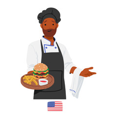 American Chef Character Proudly Presents Tray With A Delectable Array Of Fast Food, Embodying National Culinary