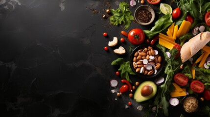 Assorted green salad with vegetables, seeds, and olive oil on black stone background, top view