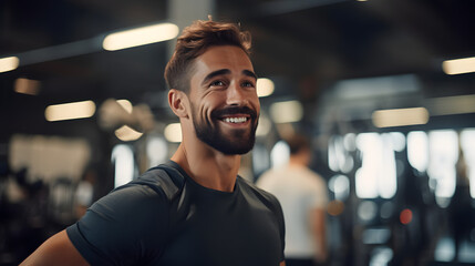 Close up image of attractive smiling fit man in gym. wellness and healthy lifestyle with gym. Personal trainer