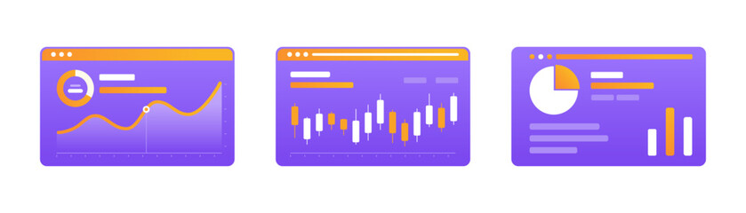 icon of the investment dashboard website concept. pie chart and line chart icons, candlesticks, and financial reports. useful for UI design, social media design, posters and many others