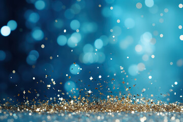 Golden shimmering sparkles against a blue bokeh background. Beautiful festive background. Generated...