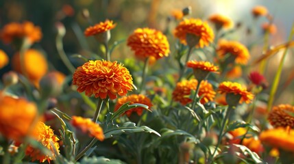  a close up of a bunch of flowers with yellow flowers in the foreground and a blurry background of orange flowers in the background.