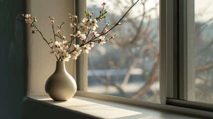  a vase filled with flowers sitting on a window sill next to a window sill with a tree outside of it.