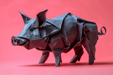 Black origami pig on pink background 