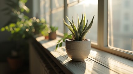  a potted plant sitting on a window sill next to a window sill with the sun shining through the windows.