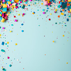 Squared format colorful top confetti in pastel blue background for social media publication