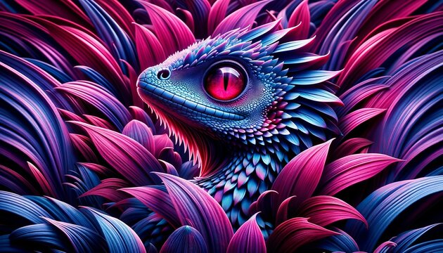 A detailed close-up of a mythical creature with dazzling pink and blue scales, nestled among layered indigo leaves. Its radiant red eye shines with intensity, complementing the surrounding hues. 