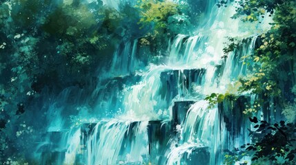  a painting of a waterfall with lots of green trees in the foreground and a blue sky in the background.