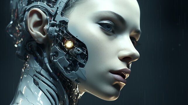 Photorealistic high resolution close up of female humanoid robot cleaning modern house