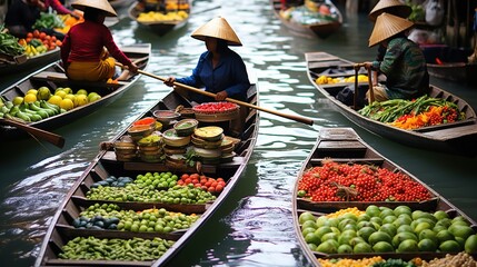 Southeast Asian women selling fruits and vegetables in a floating market