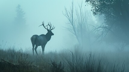  a deer standing in the middle of a field on a foggy day with trees and bushes in the background.