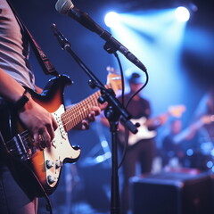 Guitarist performing live on stage with band in the background - obrazy, fototapety, plakaty