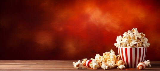 Striped box with popcorn on textured red gradient background with ample empty space for copy