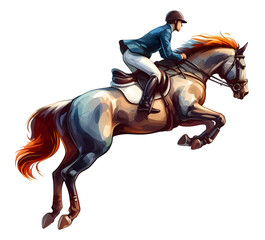 Jockey on horse. Jumping competition. Horse riding. Equestrian sport. Jockey riding jumping horse. Horse sport. Watercolor paint. Banner. Isolated on a white background. show jumping. Generative AI - obrazy, fototapety, plakaty