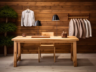 A wooden table in a room with a wooden wall