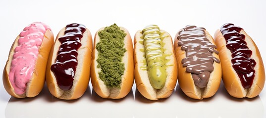 Delicious gourmet french hot dogs with a variety of sauces, isolated on white background - obrazy, fototapety, plakaty