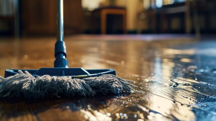  a mop sitting on top of a hard wood floor next to a wooden floor with a wet mop on top of it. - obrazy, fototapety, plakaty
