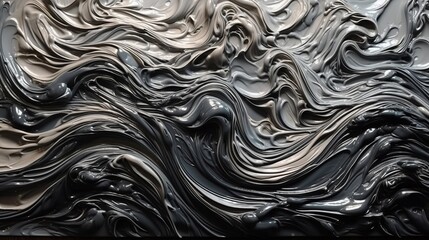 Fototapeta premium Abstract black and silver acrylic painted fluted 3d painting texture luxury background banner on canvas - Silver and black waves swirls. Decor concept. Wallpaper concept. Art concept. 3d concept.