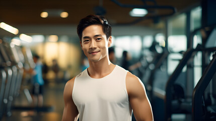 Fototapeta na wymiar Close up image of attractive smiling fit asian man in gym. wellness and healthy lifestyle with gym. Personal trainer