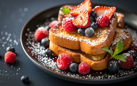 French toast with powdered sugar and berries.