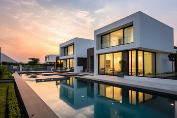 Fototapeta premium Modern luxury pool villa with sunset view