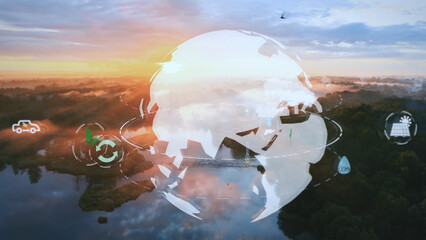 Clean energy symbol and world map on foggy sunset lake background - 3D graphic