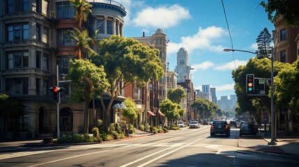Obraz premium City street with cars and trees