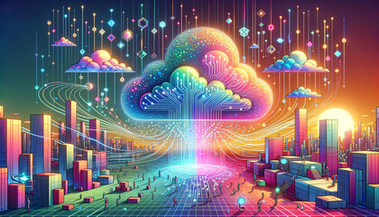 Radiant Big Data: Futuristic blend of technology and whimsy, showcasing a colossal data structure amidst vibrant digital skies.