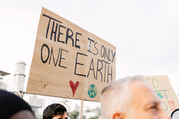Close-up view of young activist holding placard on global strike for climate change.