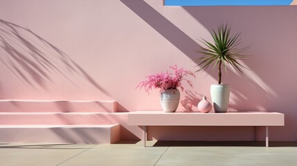 pink minimalist still life with plants and flowers