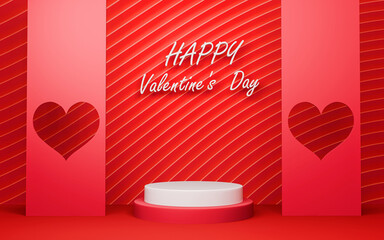 Red room and wall with white cylinder pedestal or stand podium in heart shape shape window. Valentine day minimal scene for product display presentation. 3d rendering