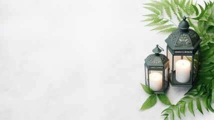 Arabic lanterns and green branches on white marble background, flat lay. copyspace - generative ai