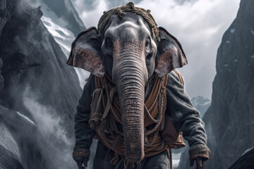 an elephant dressed as a climber who conquers mount