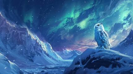  a white owl sitting on top of a snow covered mountain under a sky filled with green and blue aurora lights.