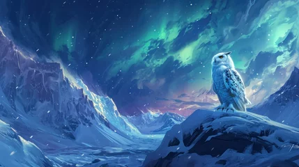Photo sur Plexiglas Dessins animés de hibou  a white owl sitting on top of a snow covered mountain under a sky filled with green and blue aurora lights.
