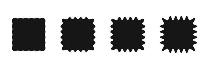 Set of black squares with wavy edges. Tags, labels, stickers, badges, stamps rectangular shapes with curvy borders isolated on white background. Vector graphic illustration - obrazy, fototapety, plakaty