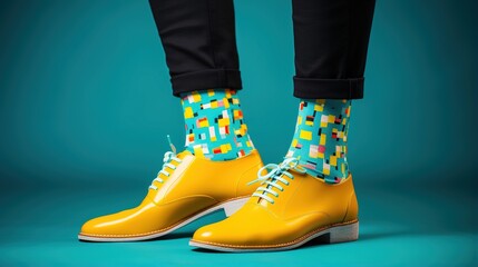 Person wearing colorful socks and yellow shoes