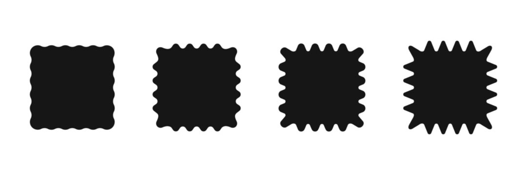 Set of black squares with wavy edges. Tags, labels, stickers, badges, stamps rectangular shapes with curvy borders isolated on white background. Vector graphic illustration