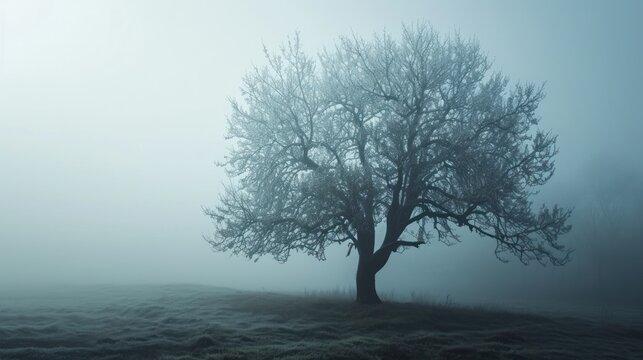  a lone tree in a foggy field with no leaves on the tree and no leaves on the grass in the foreground.