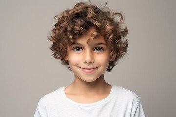 portrait of a cute little boy with curly hair over grey background - obrazy, fototapety, plakaty