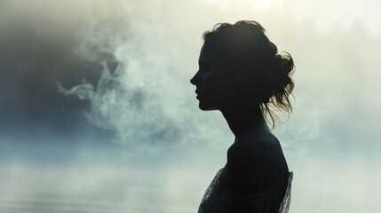  a woman standing in front of a body of water with smoke coming out of her head and a bird flying above her head. - obrazy, fototapety, plakaty