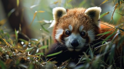 Obraz premium a close up of a red panda bear laying in a field of grass and looking at the camera with a sad look on its face.