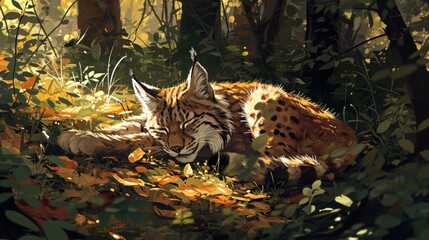  a painting of a cat laying on the ground in a forest with leaves on the ground and trees in the background.