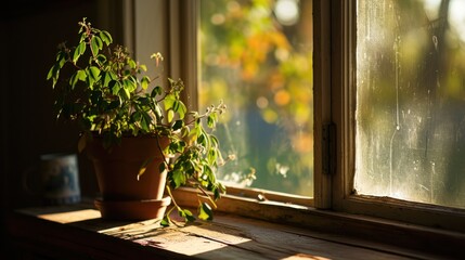  a potted plant sitting on a window sill in front of a window with the sun shining through it.