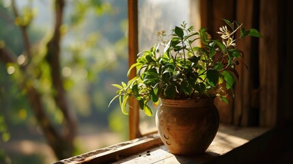  a potted plant sitting on a window sill next to a window sill with a view of trees outside.