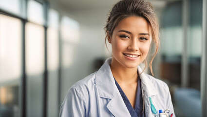 Portrait of a happy female doctor in a clinic consultation