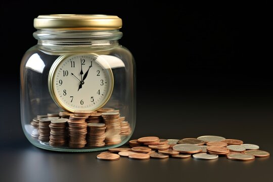 coins in a jar with a clock inside
