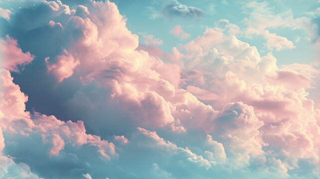  a sky full of pink clouds with a plane in the middle of the picture and a blue sky in the background.