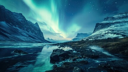  a view of a mountain range with a river running through it and the aurora lights in the sky above it.