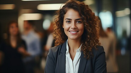 Fototapeta premium Confident businesswoman with curly hair smiling in an office